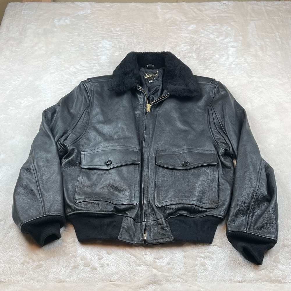 Men's Black Leather Bomber Jacket with Faux Fur Collar made in USA